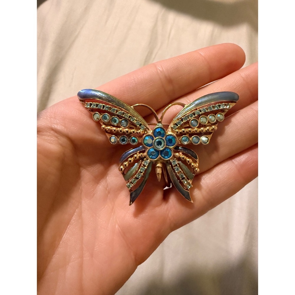 Kirks Folly Butterfly Blue Enamel Crystal Brooch Pin